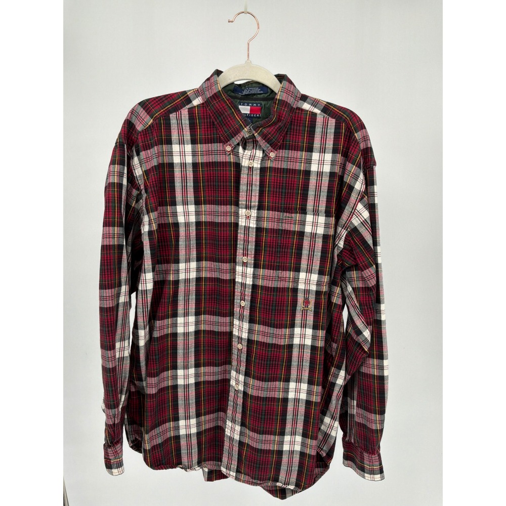 Vintage 90's Tommy Hilfiger Red Green Plaid Button Down Shirt Large